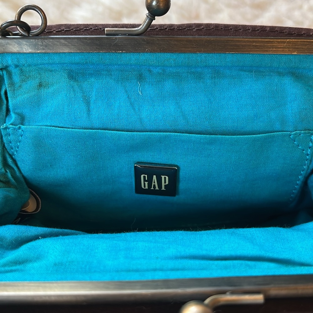Vintage Gap Brown & Teal wristlet w/sequins & beads gold/brass frame clasp - Picture 14 of 17